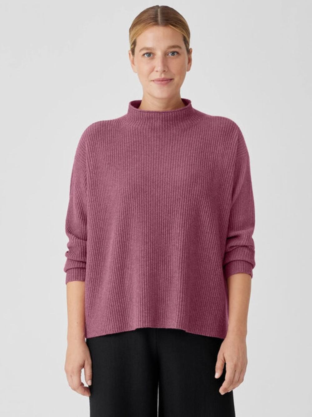 Eileen Fisher Italian 100% Cashmere Ribbed Funnel Neck Top Sweater in Tea Rose